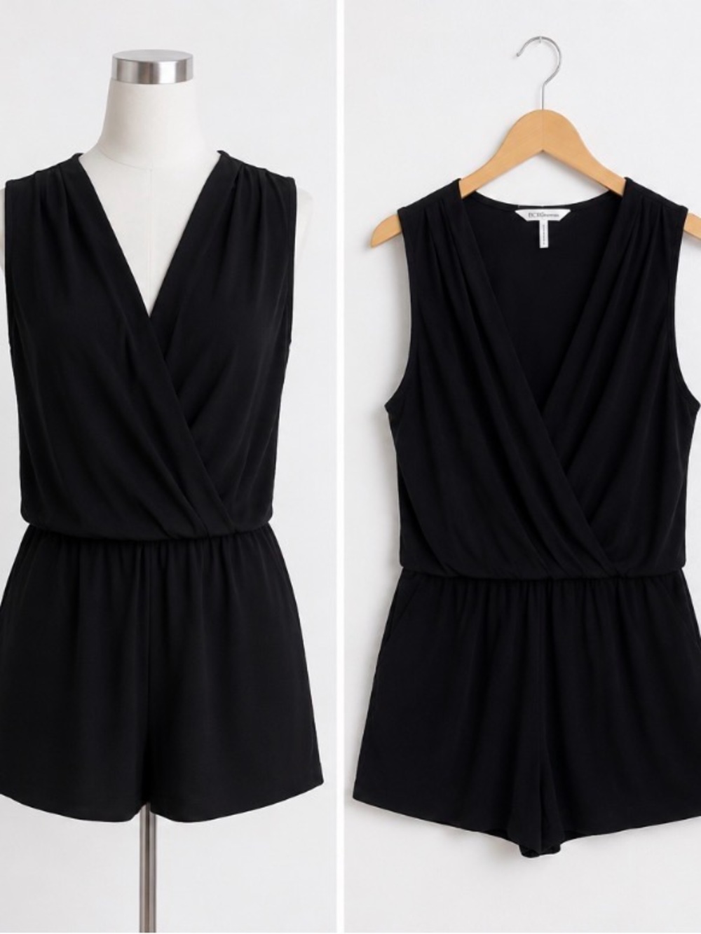 BCBGeneration Black Sleeveless Surplice Romper